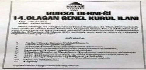 Bursa Derneği 14. Olağan Genel Kurul İlanı